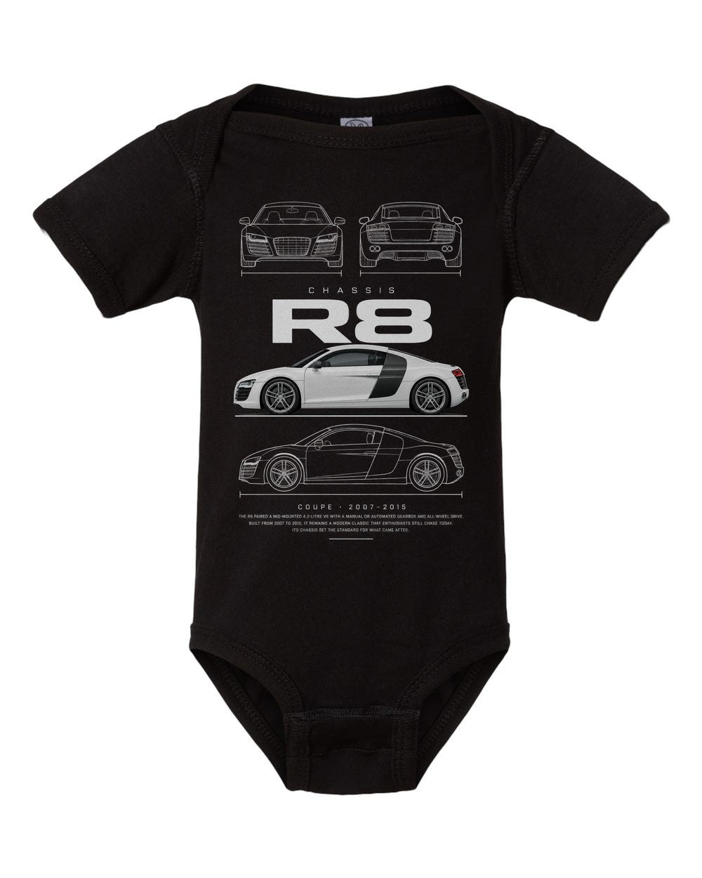 R8 artwork black baby onesie front view