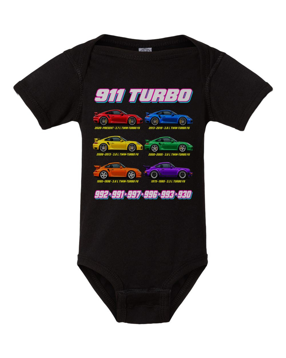 Porsche 911 Turbo evolution poster black baby onesie front view