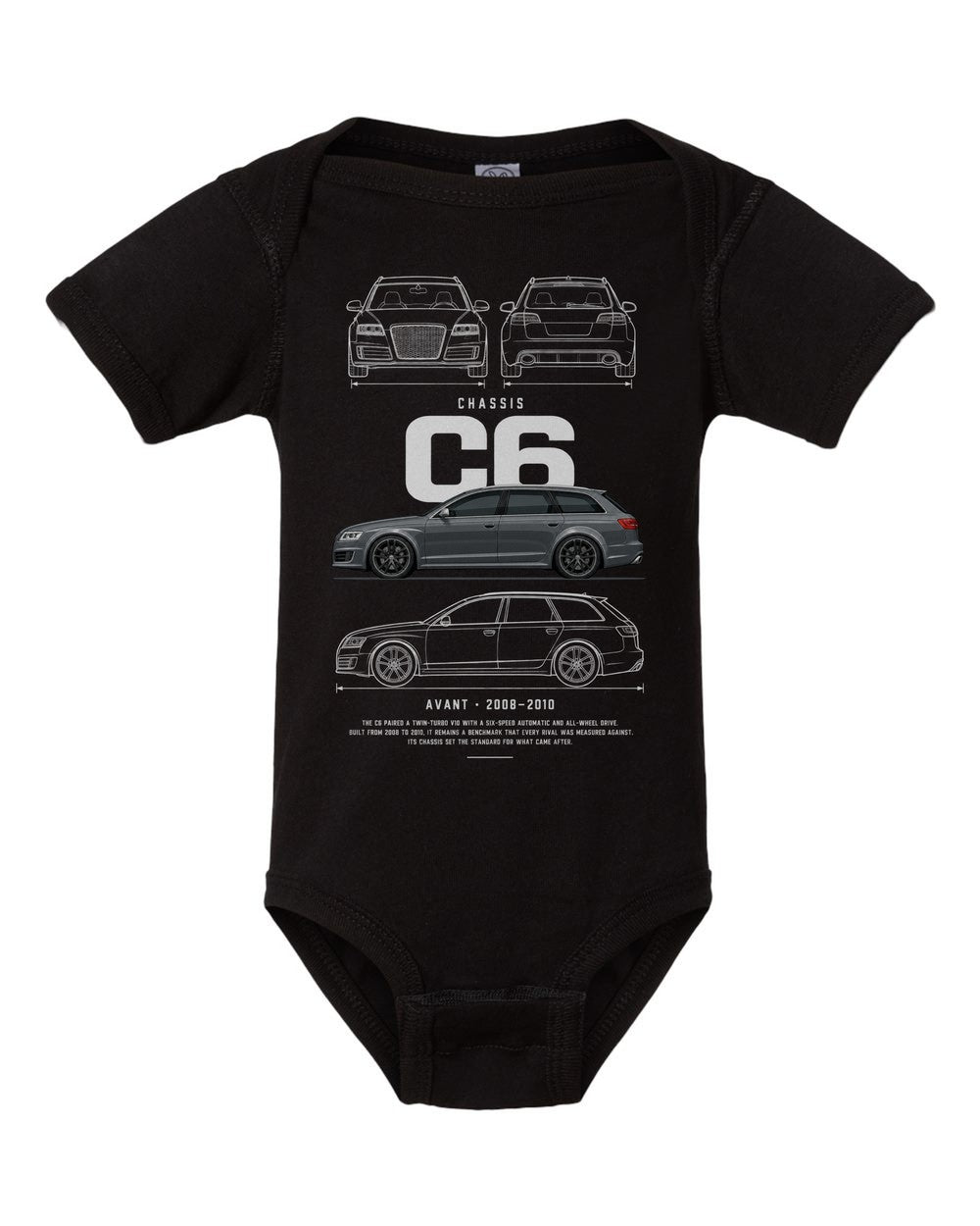C6 artwork black baby onesie front view