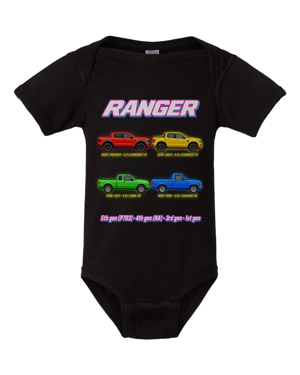 Ford Ranger evolution poster black baby onesie front view