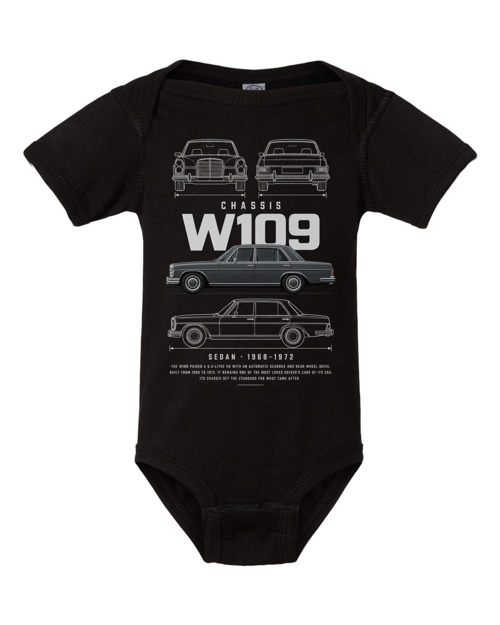W109 artwork black baby onesie front view
