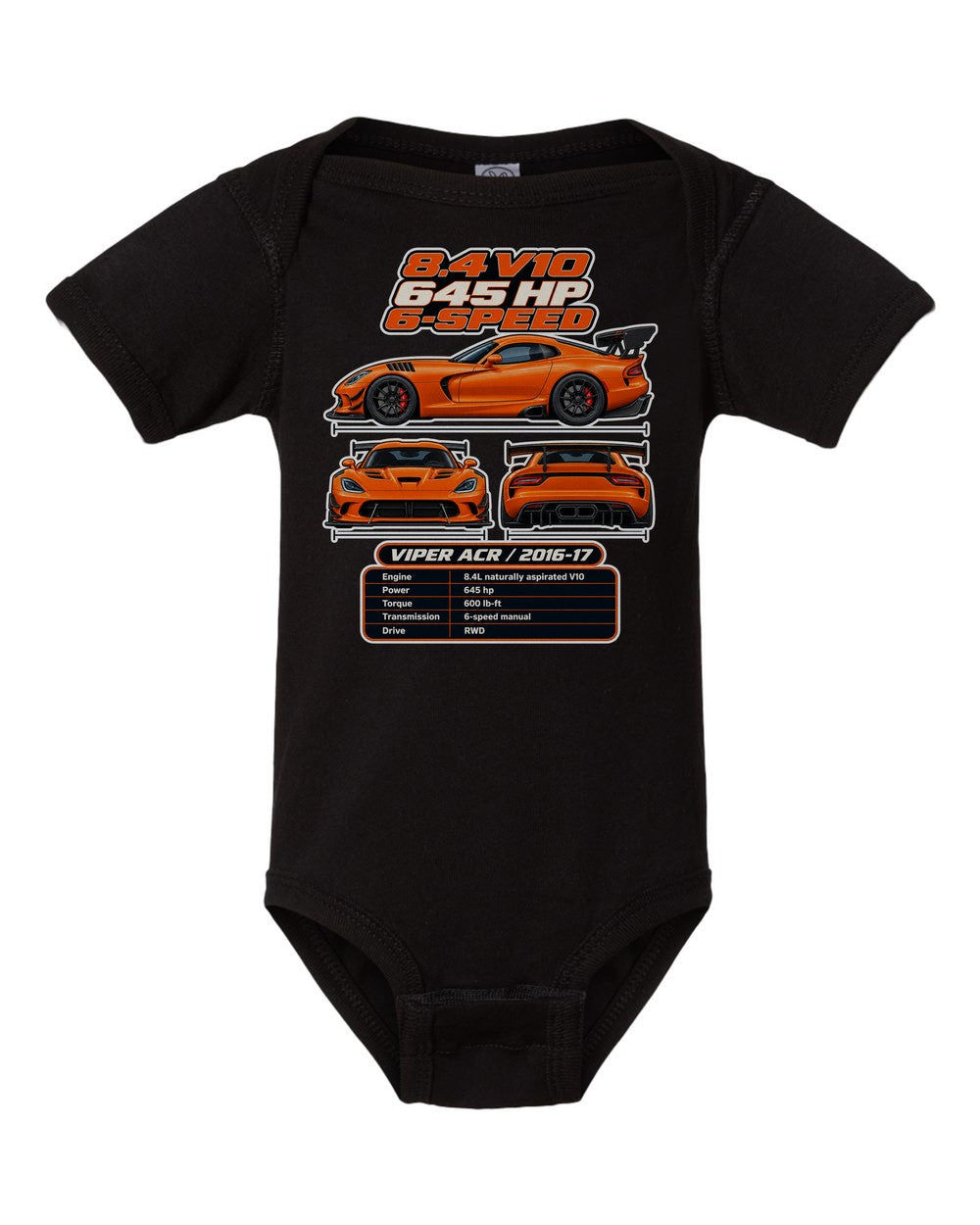 Dodge Viper Acr spec sheet black baby onesie front view