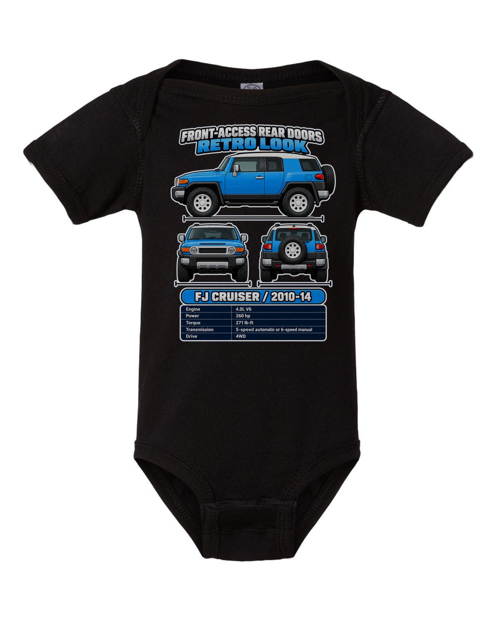 Toyota Fj Cruiser spec sheet black baby onesie front view