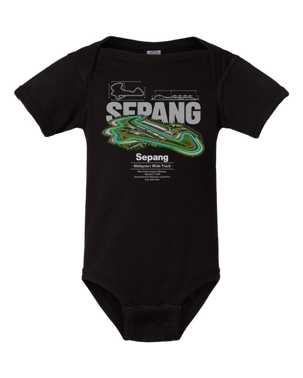 Sepang black baby onesie front view