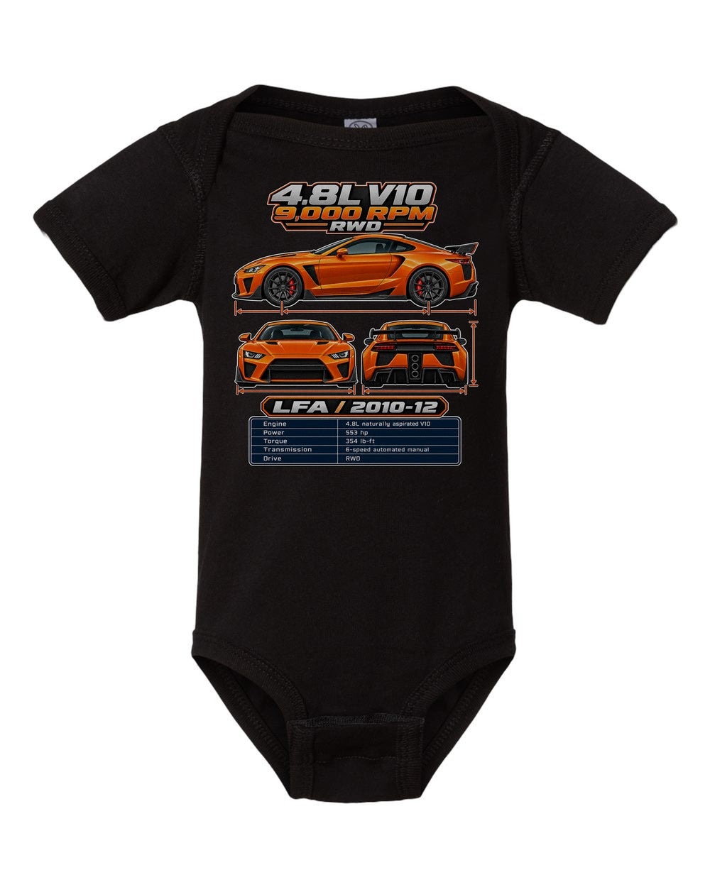 Lexus Lfa spec sheet black baby onesie front view