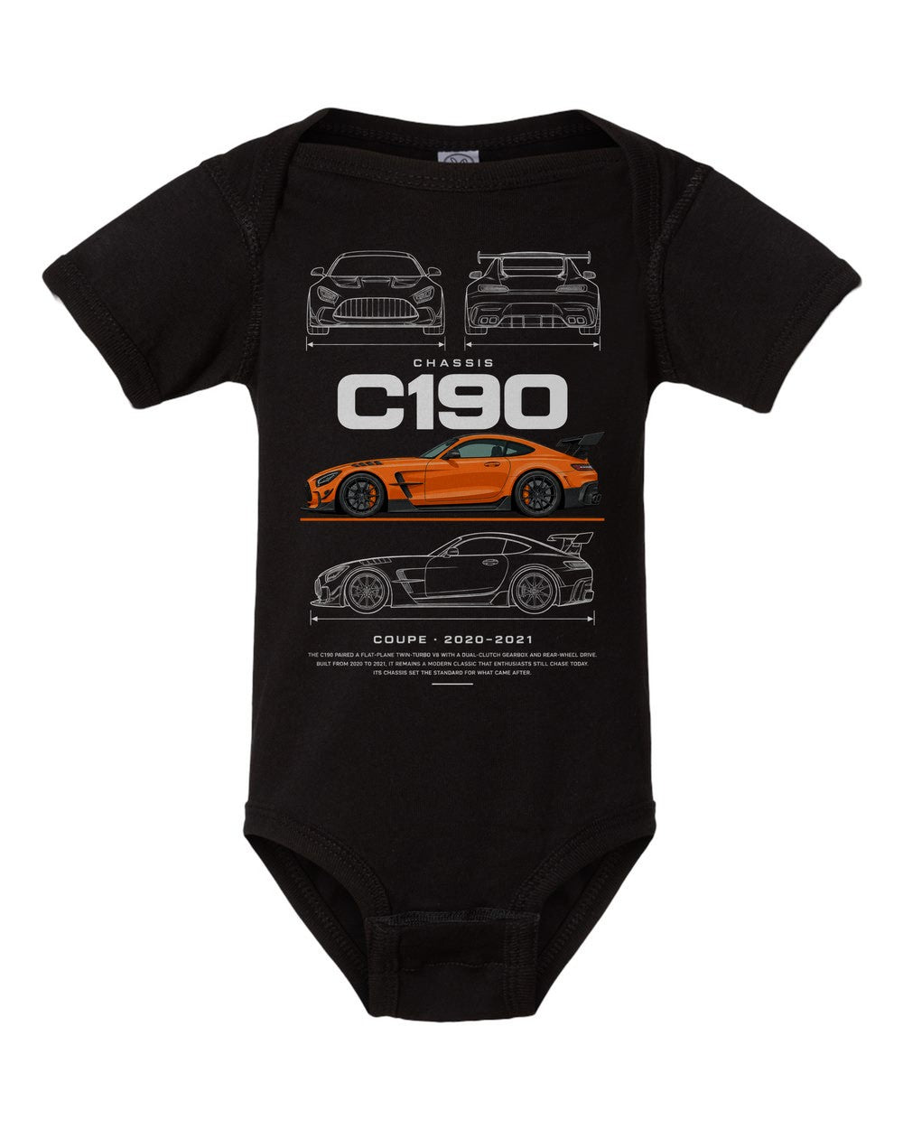 C190 artwork black baby onesie front view