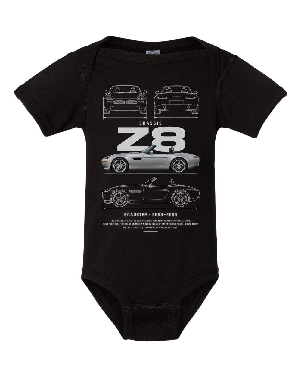 Z8 artwork black baby onesie front view