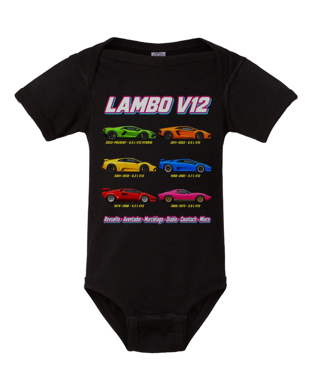 Lamborghini V12 evolution poster black baby onesie front view