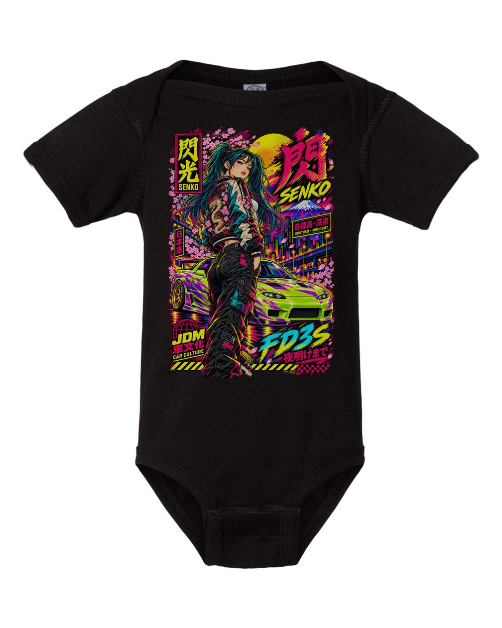 SENKO FD3S black baby onesie front view with artwork