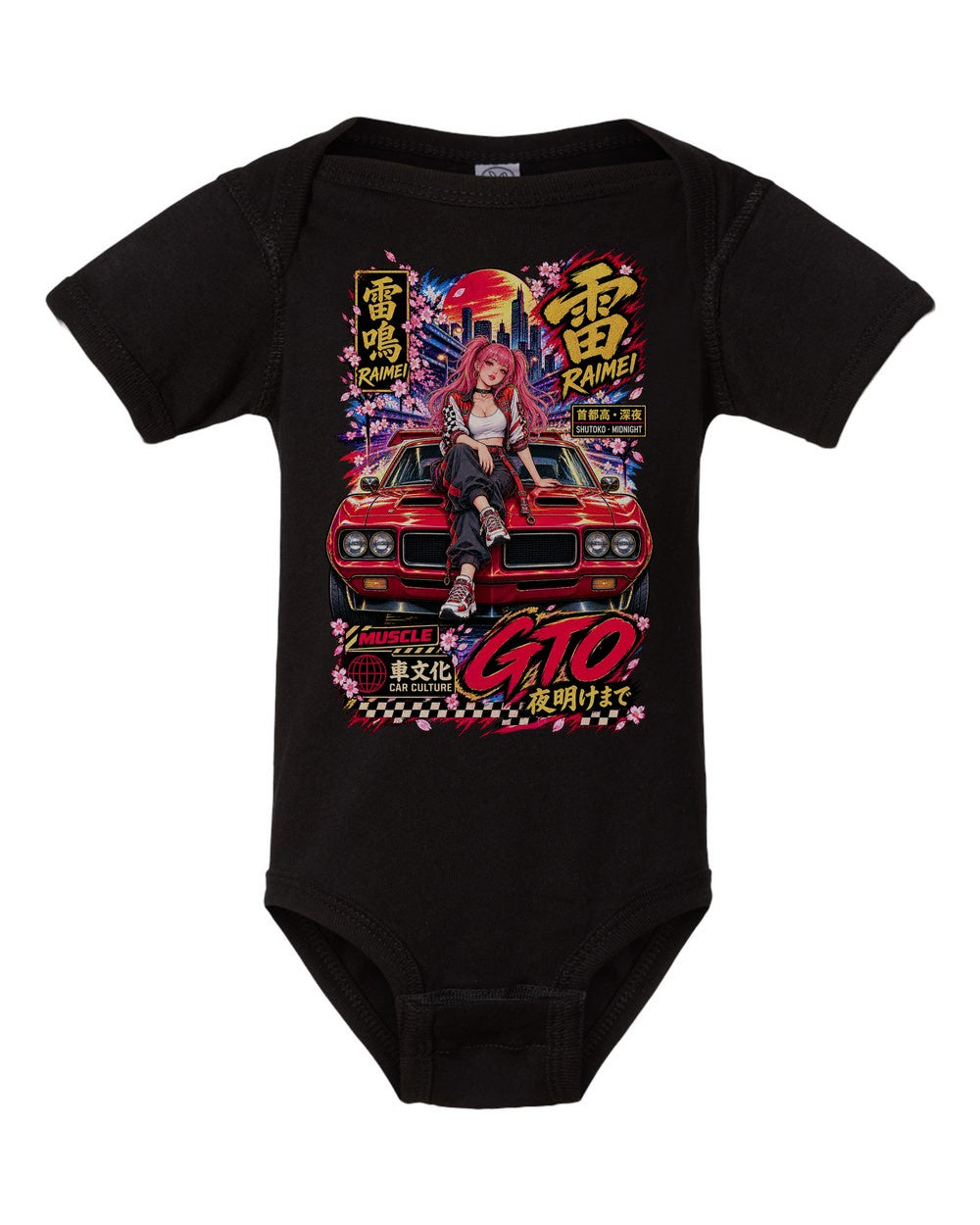 RAIMEI GTO black baby onesie front view with artwork