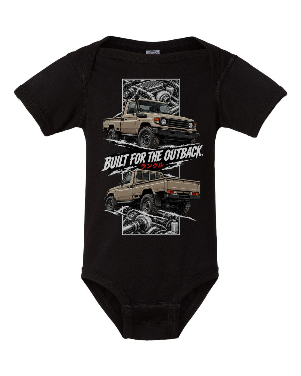 Toyota Land Cruiser 70 torn poster black baby onesie front view