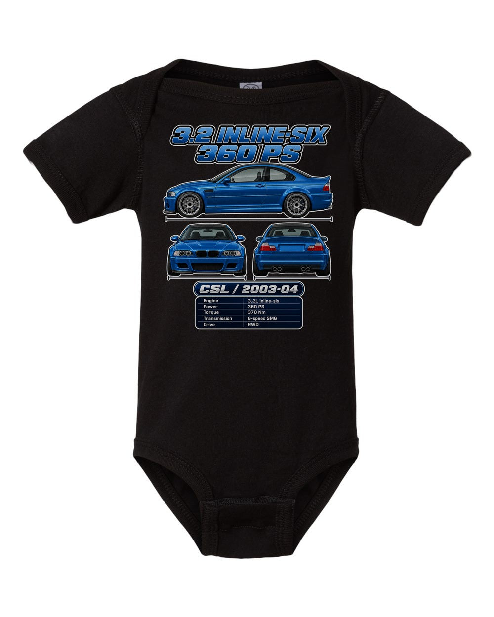 BMW M3 Csl E46 spec sheet black baby onesie front view