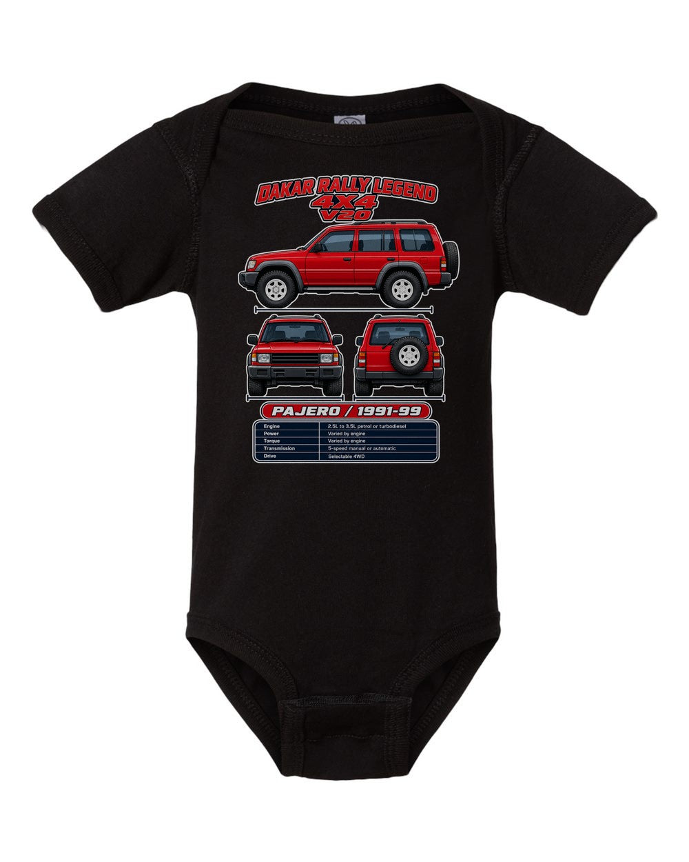 Mitsubishi Pajero spec sheet black baby onesie front view