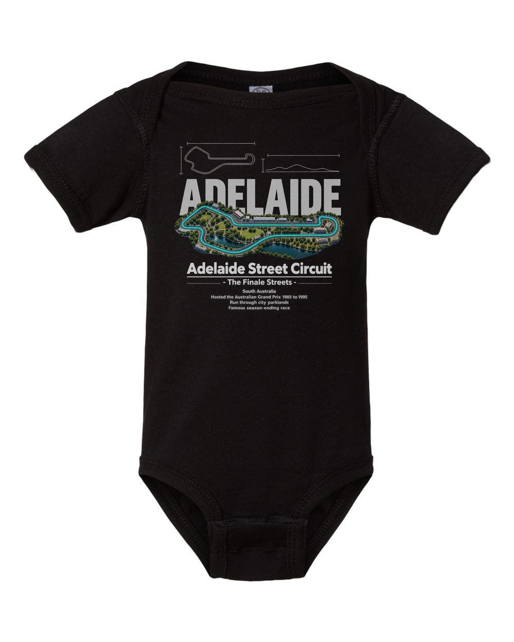 Adelaide Street Circuit black baby onesie front view