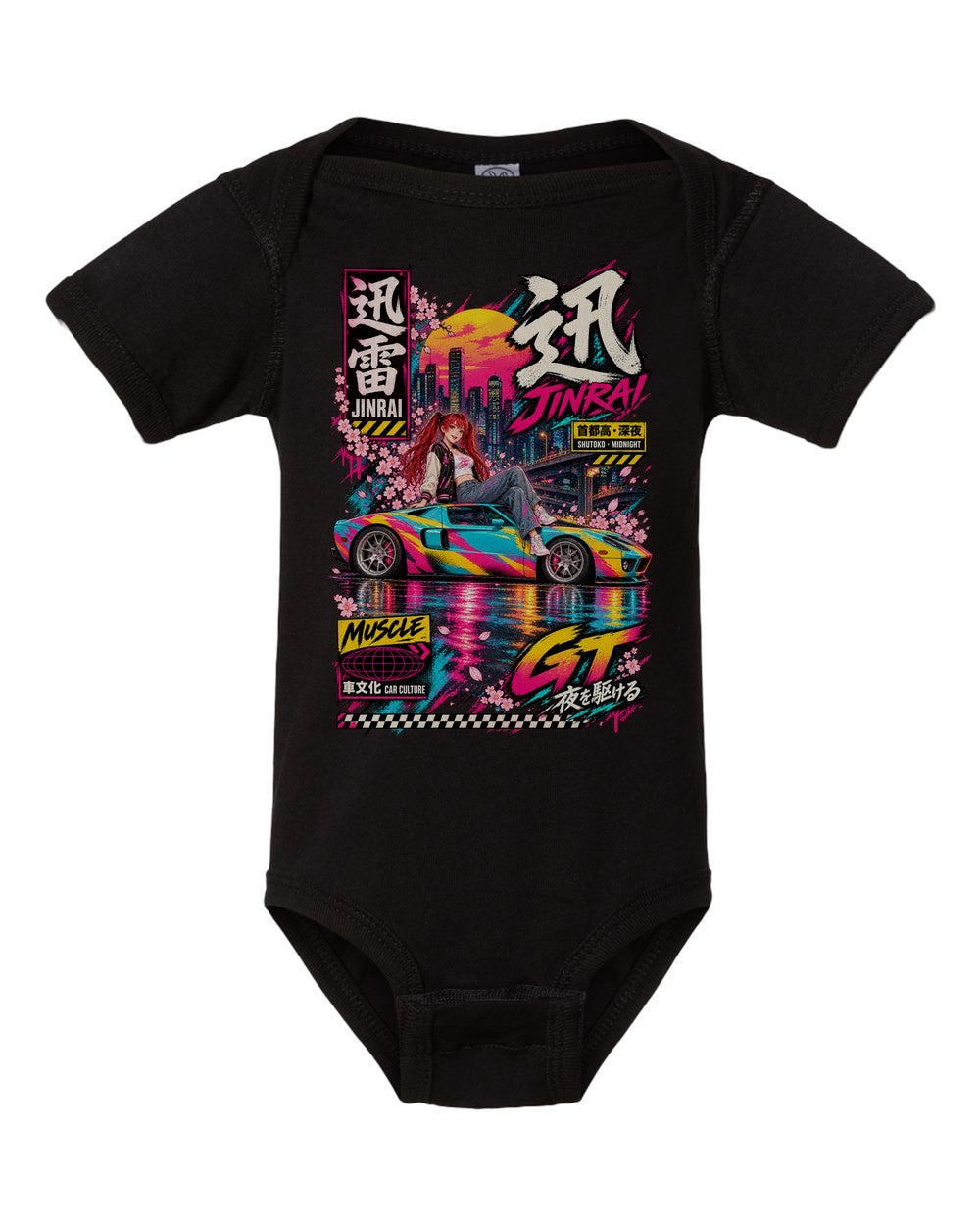 JINRAI GT black baby onesie front view with artwork
