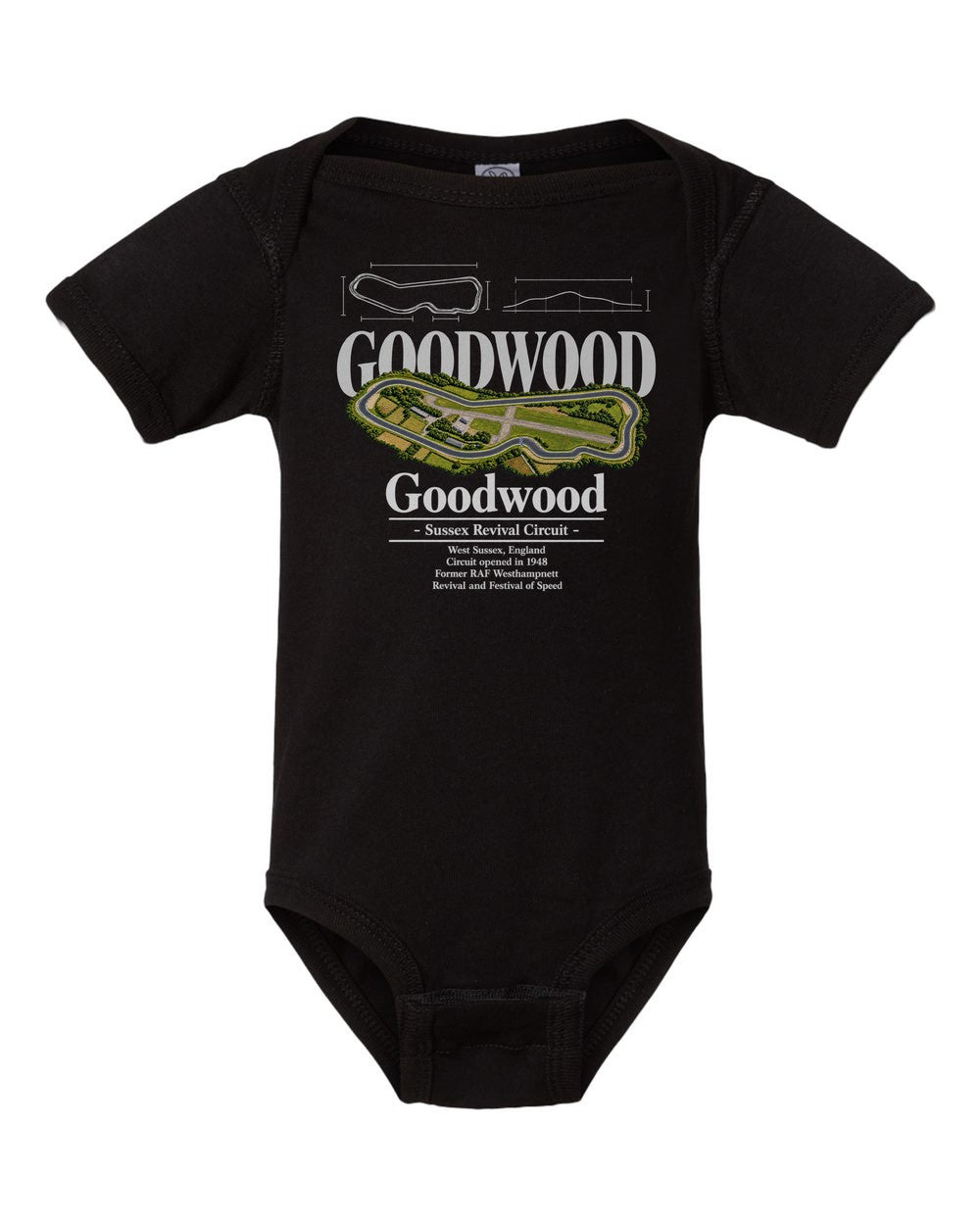Goodwood black baby onesie front view