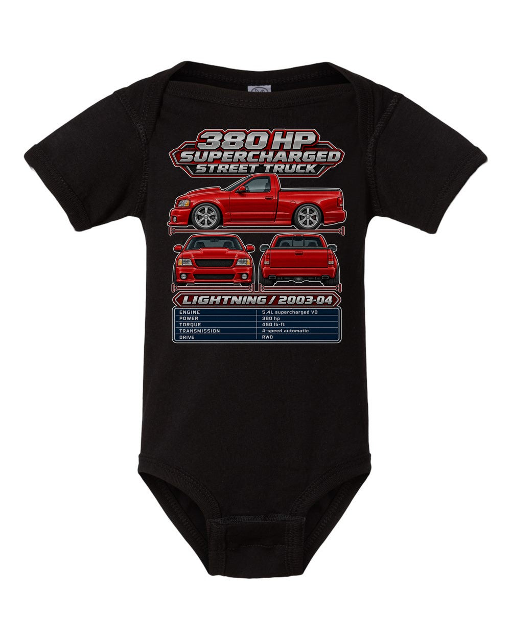 Ford SVT Lightning spec sheet black baby onesie front view