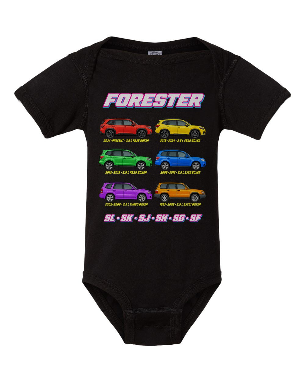 Subaru Forester evolution poster black baby onesie front view