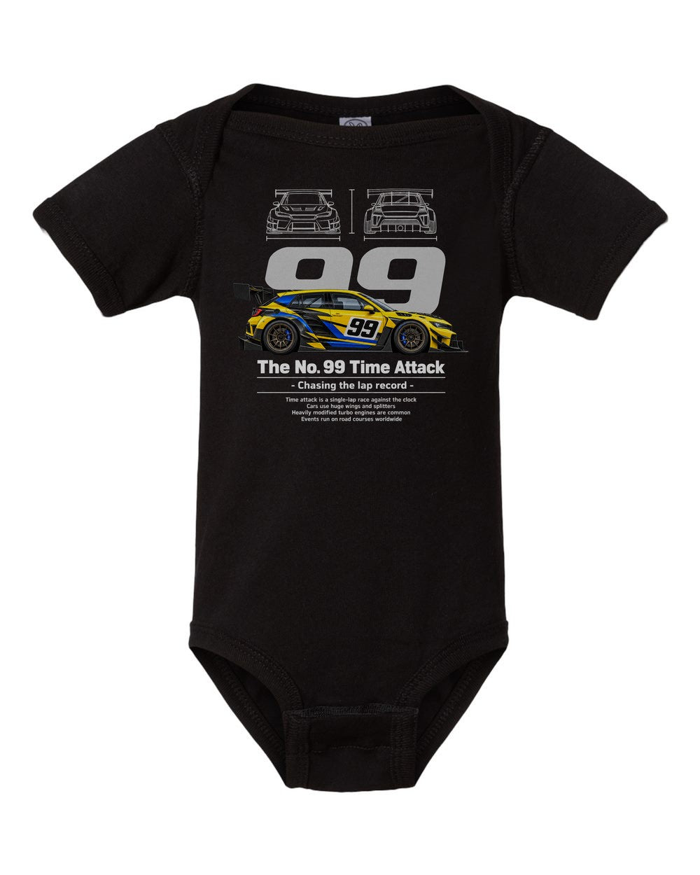 No. 99 Time Attack black baby onesie front view