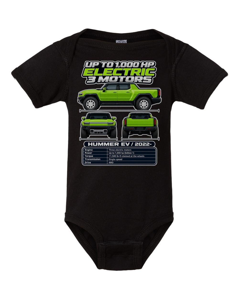 GMC Hummer Ev spec sheet black baby onesie front view