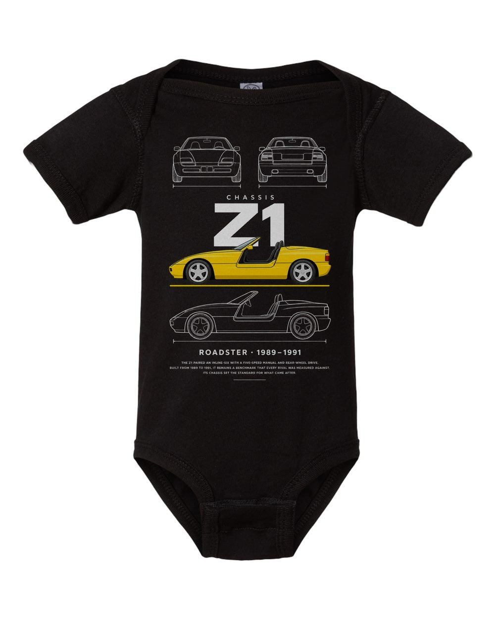 Z1 artwork black baby onesie front view