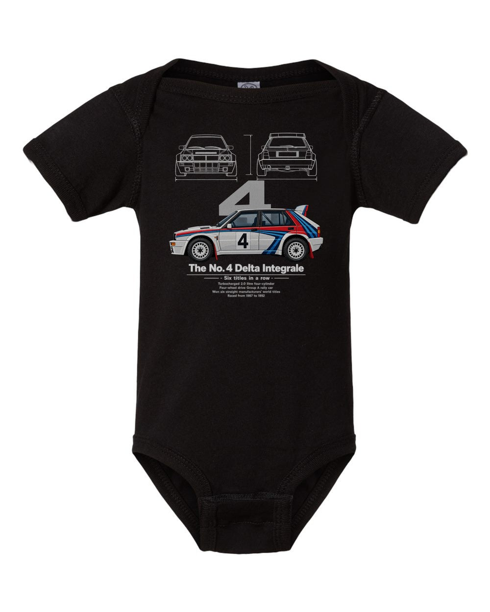 No. 4 Delta Integrale black baby onesie front view