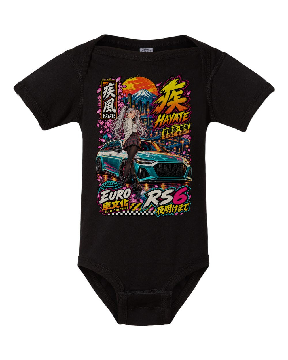 HAYATE RS6 black baby onesie front view with artwork