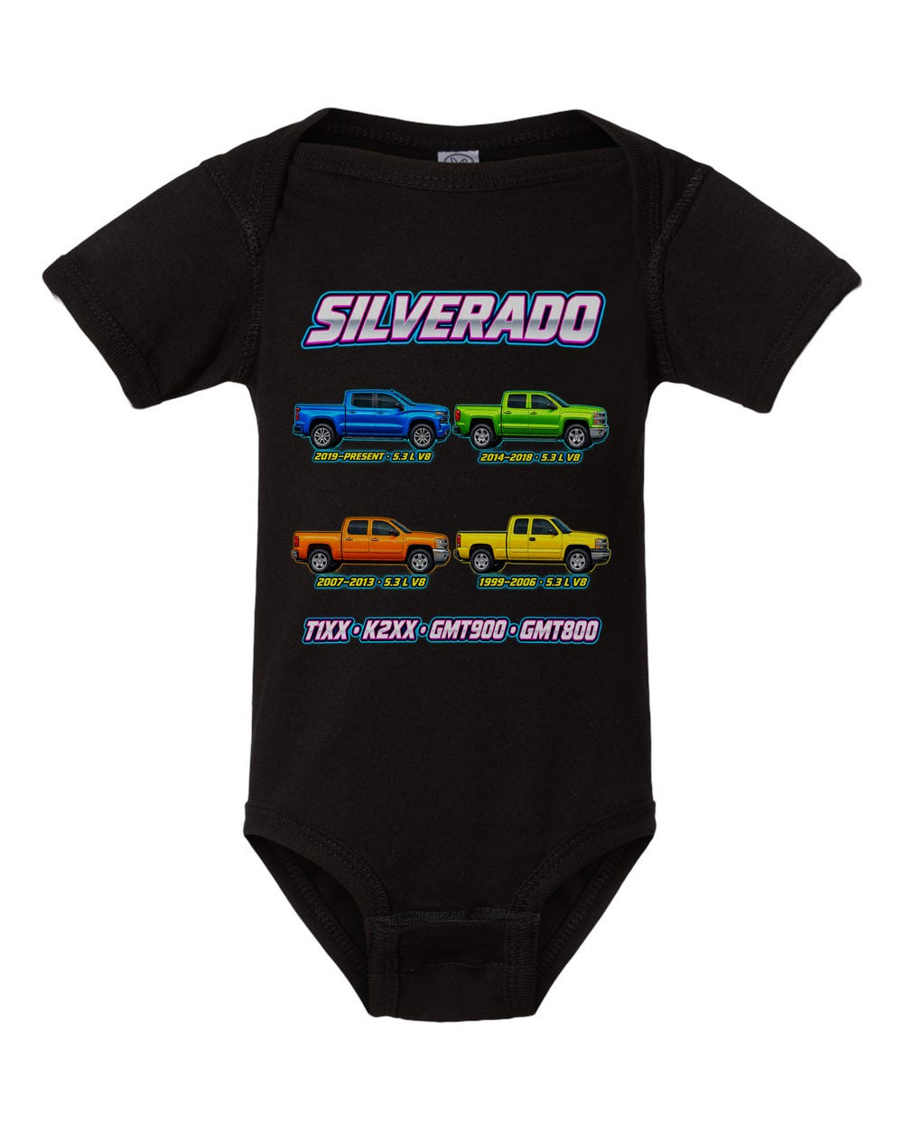 Chevy Silverado evolution poster black baby onesie front view