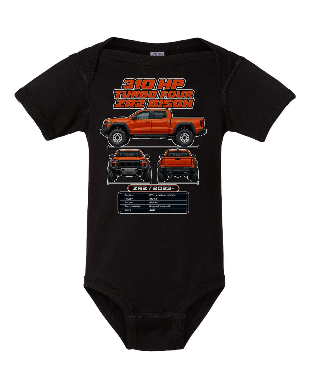 Chevrolet Colorado Zr2 Bison spec sheet black baby onesie front view