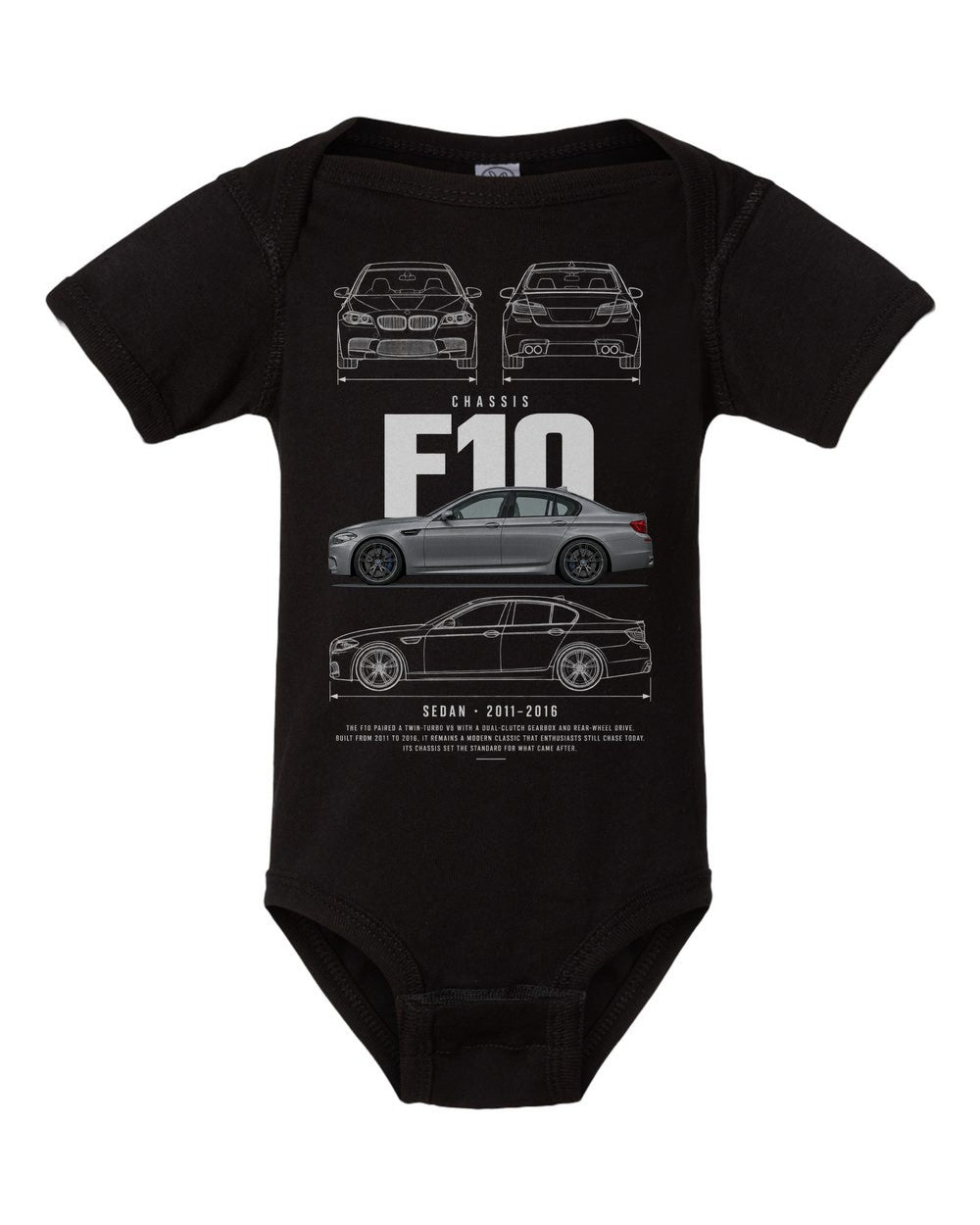F10 artwork black baby onesie front view