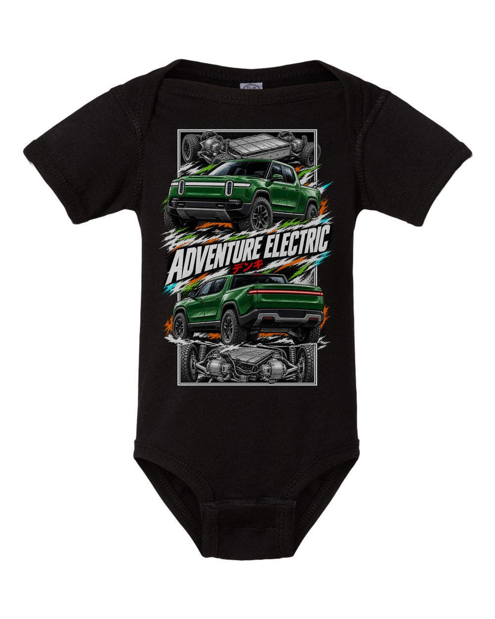 Rivian R1T torn poster black baby onesie front view