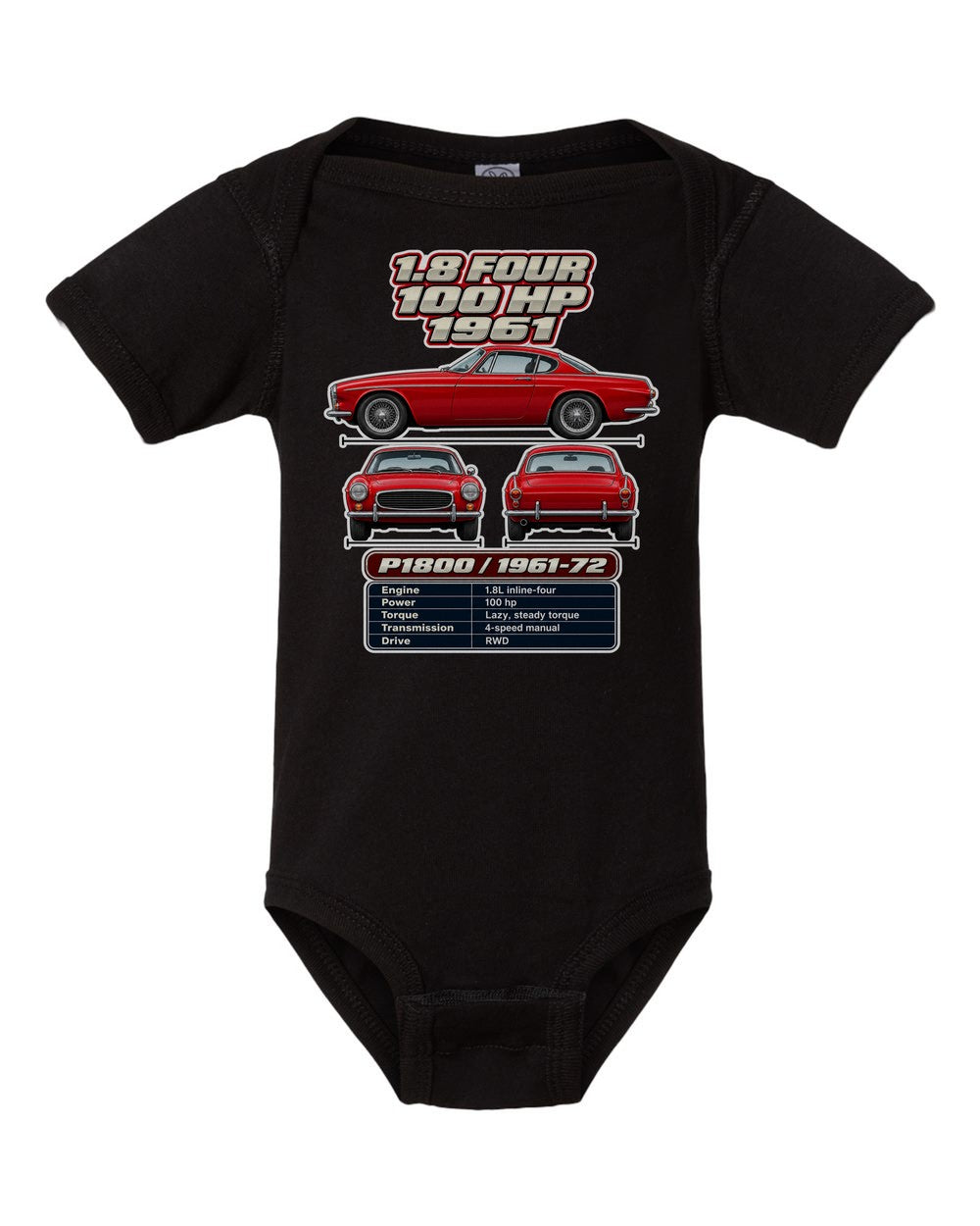 Volvo P1800 spec sheet black baby onesie front view