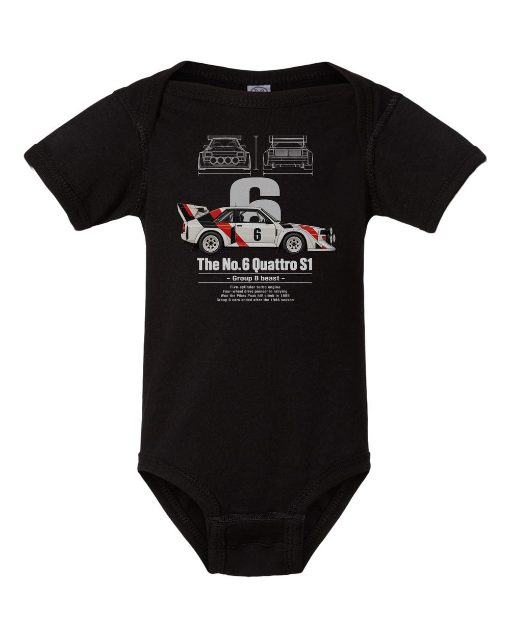 No. 6 Quattro S1 black baby onesie front view