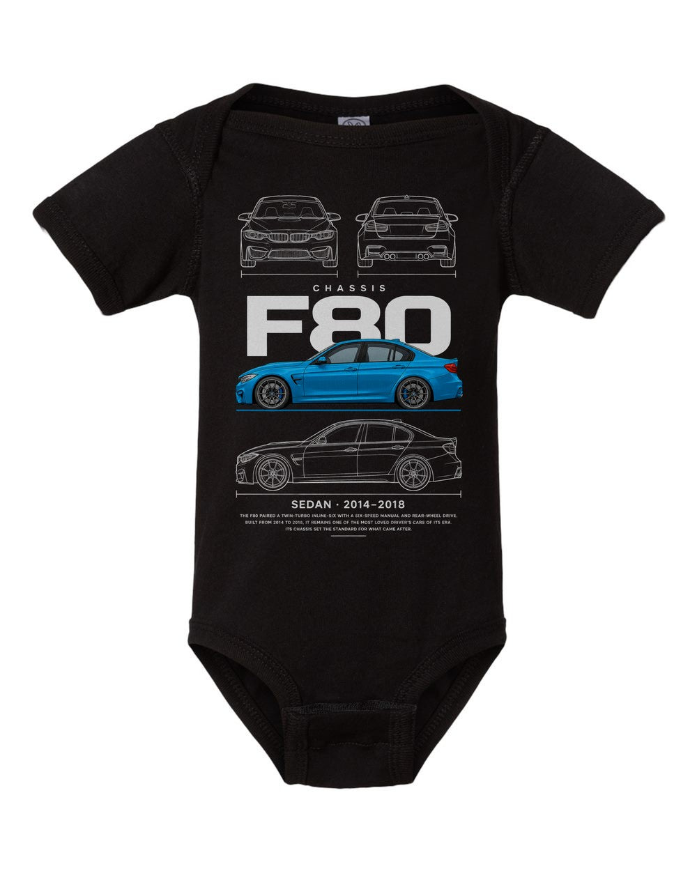 F80 artwork black baby onesie front view