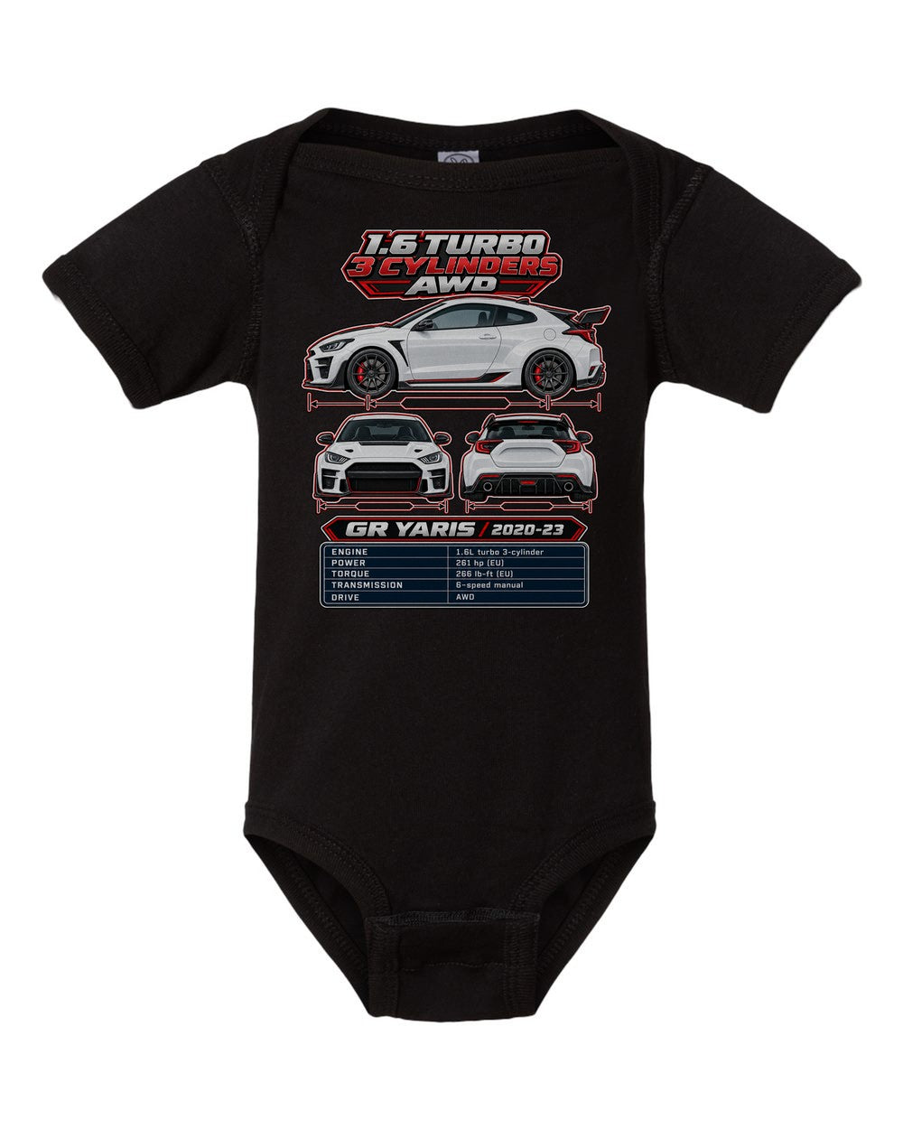 Toyota GR Yaris spec sheet black baby onesie front view