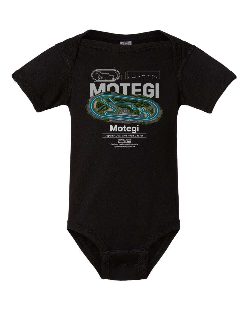 Motegi black baby onesie front view