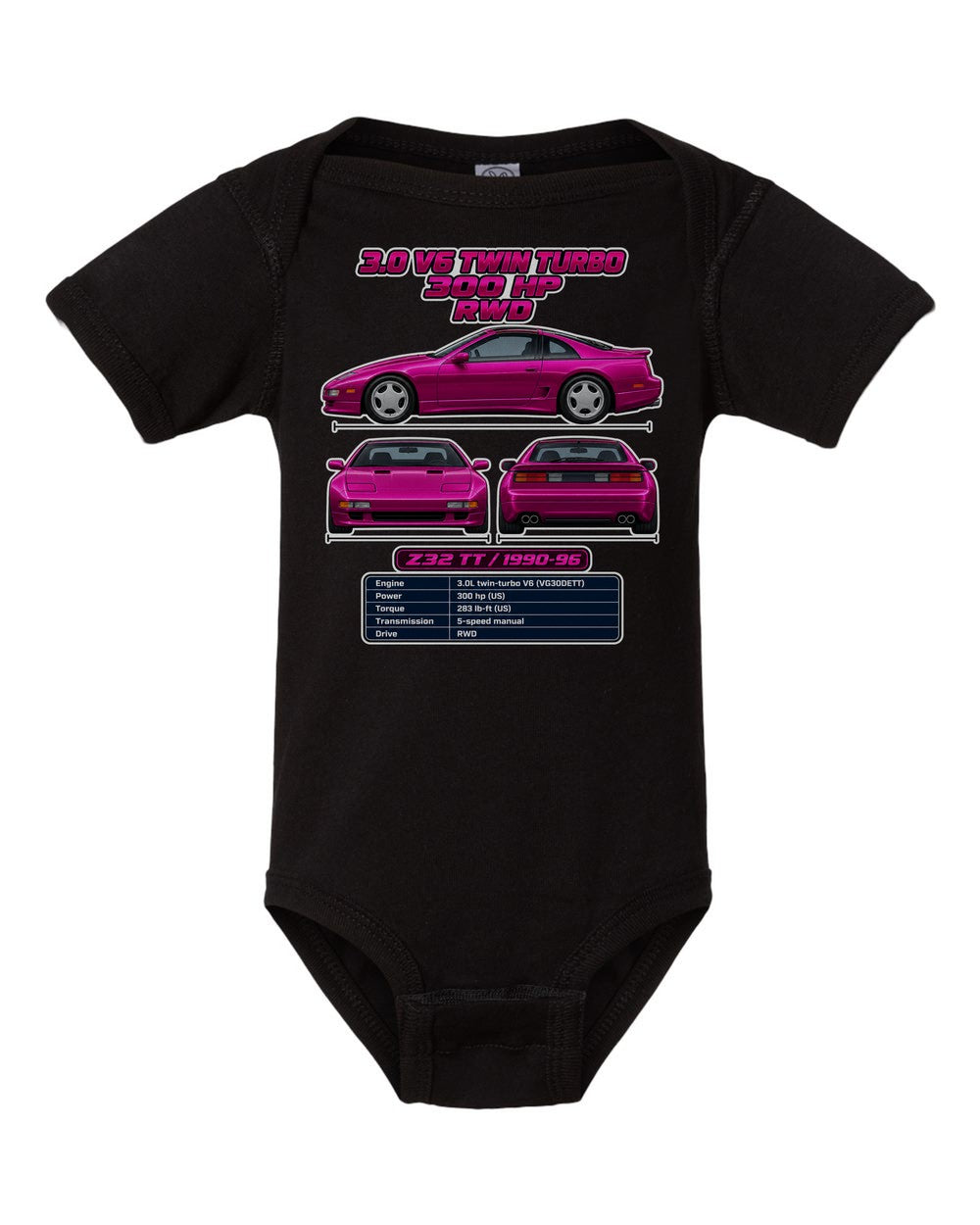 Nissan 300Zx Twin Turbo Z32 spec sheet black baby onesie front view