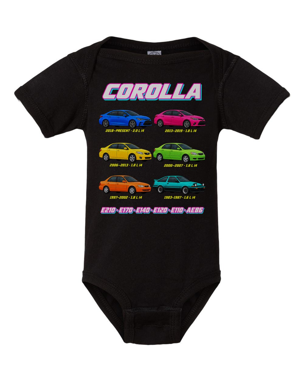 Toyota Corolla evolution poster black baby onesie front view