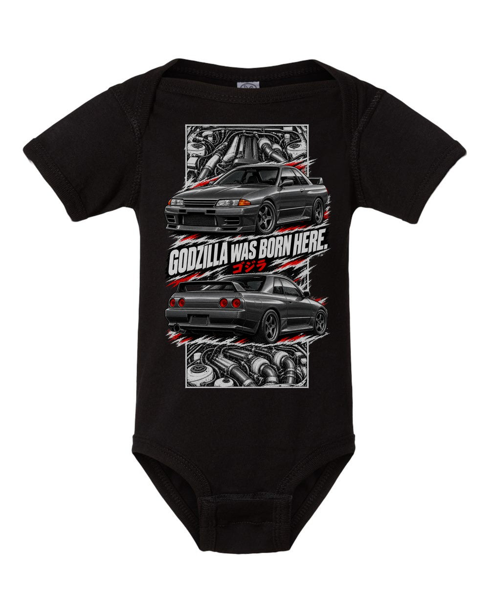 Nissan Skyline GT-R R32 torn poster black baby onesie front view
