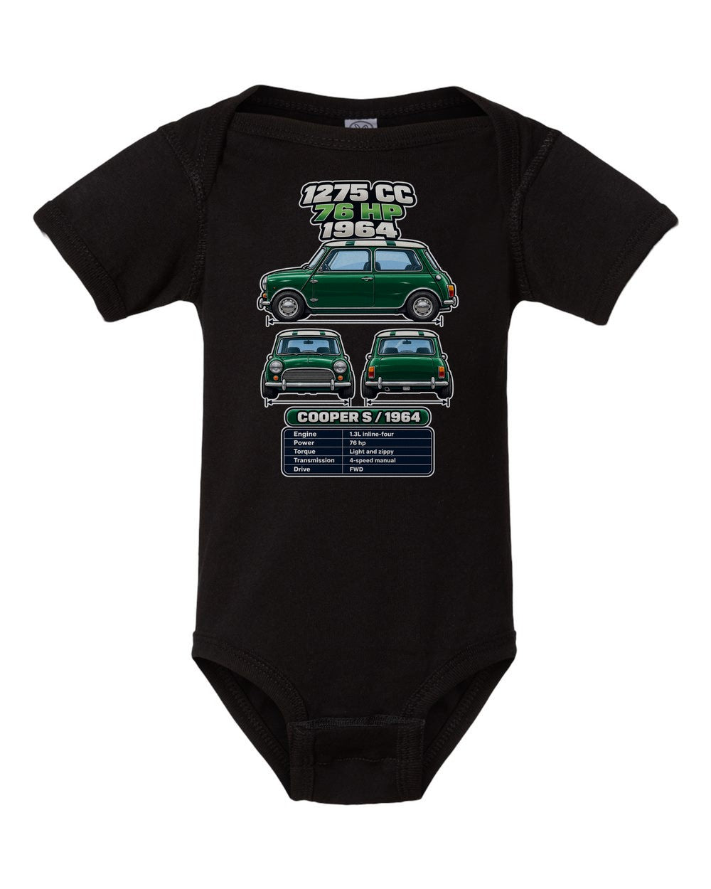 Classic Mini Cooper S spec sheet black baby onesie front view