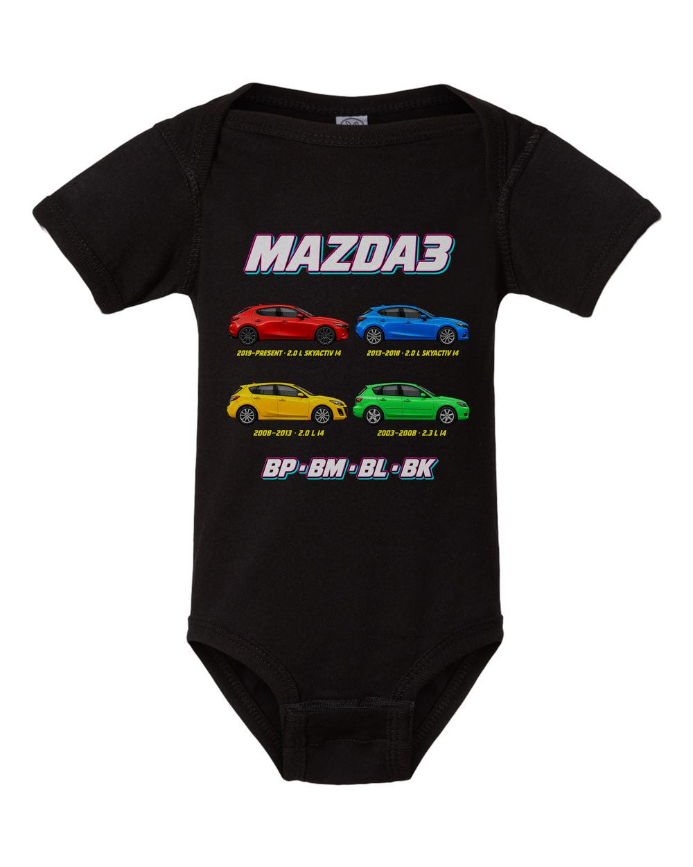 Mazda 3 evolution poster black baby onesie front view