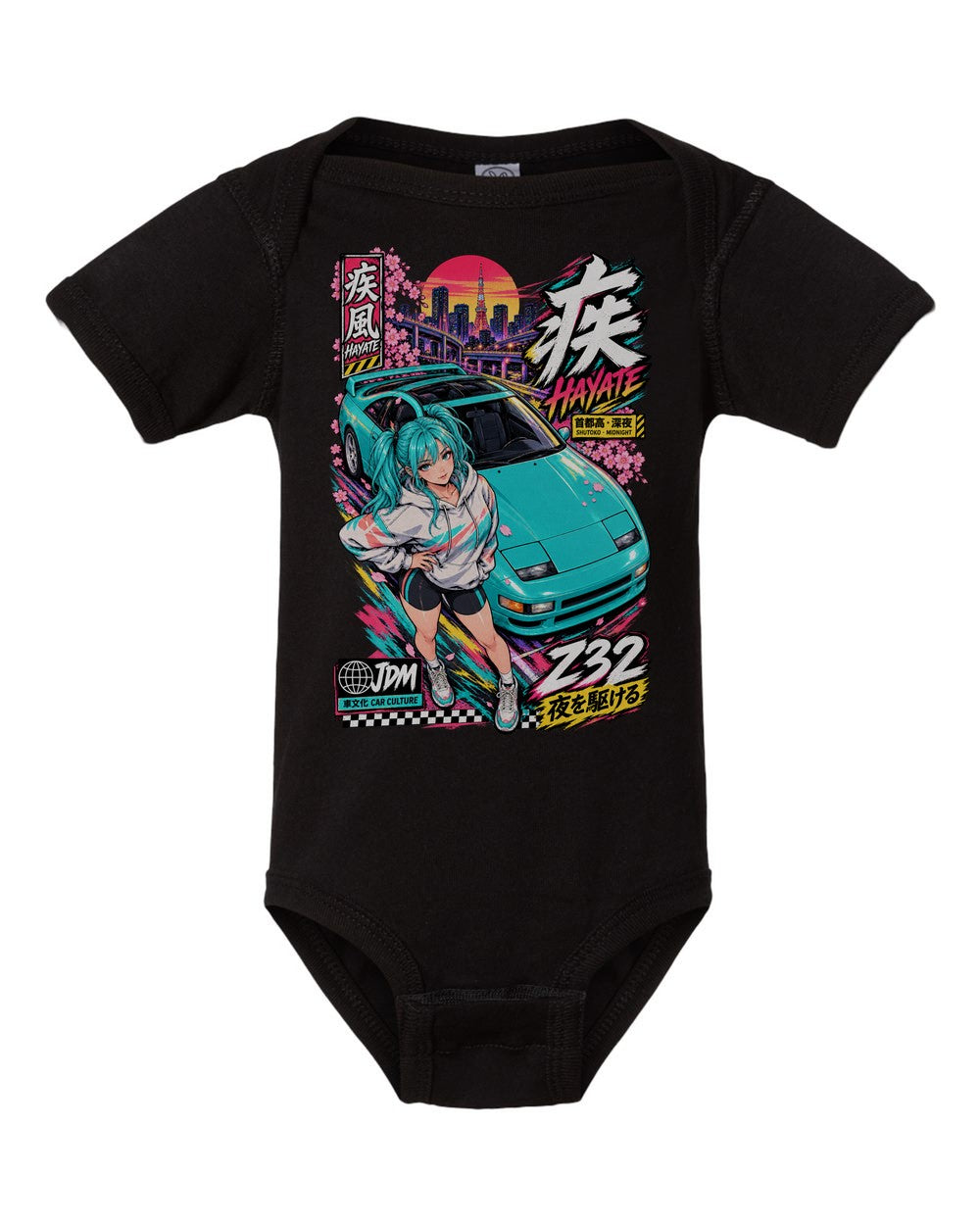 HAYATE Z32 black baby onesie front view with artwork
