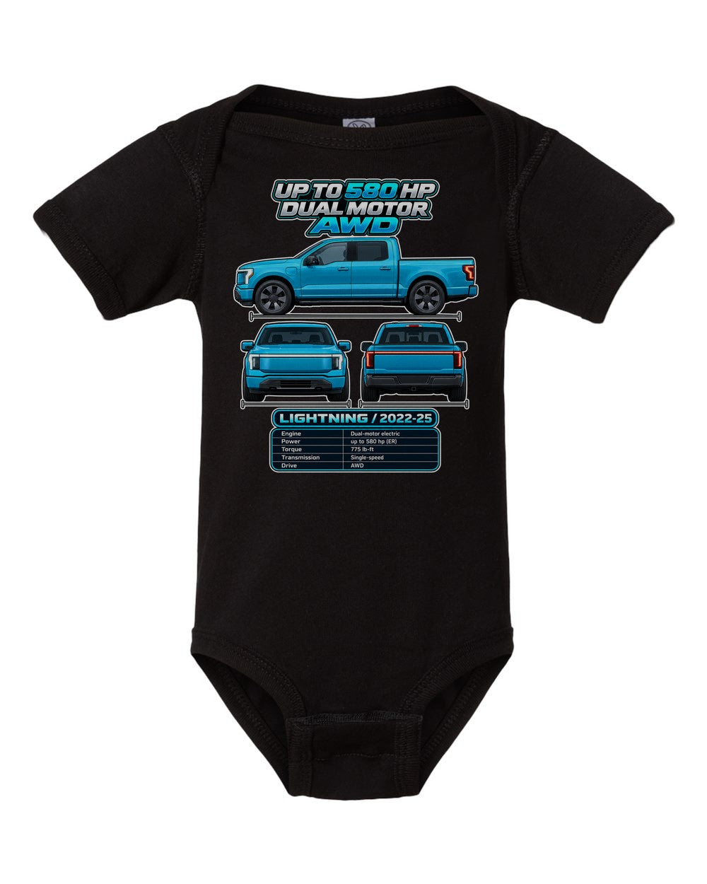 Ford F 150 Lightning spec sheet black baby onesie front view