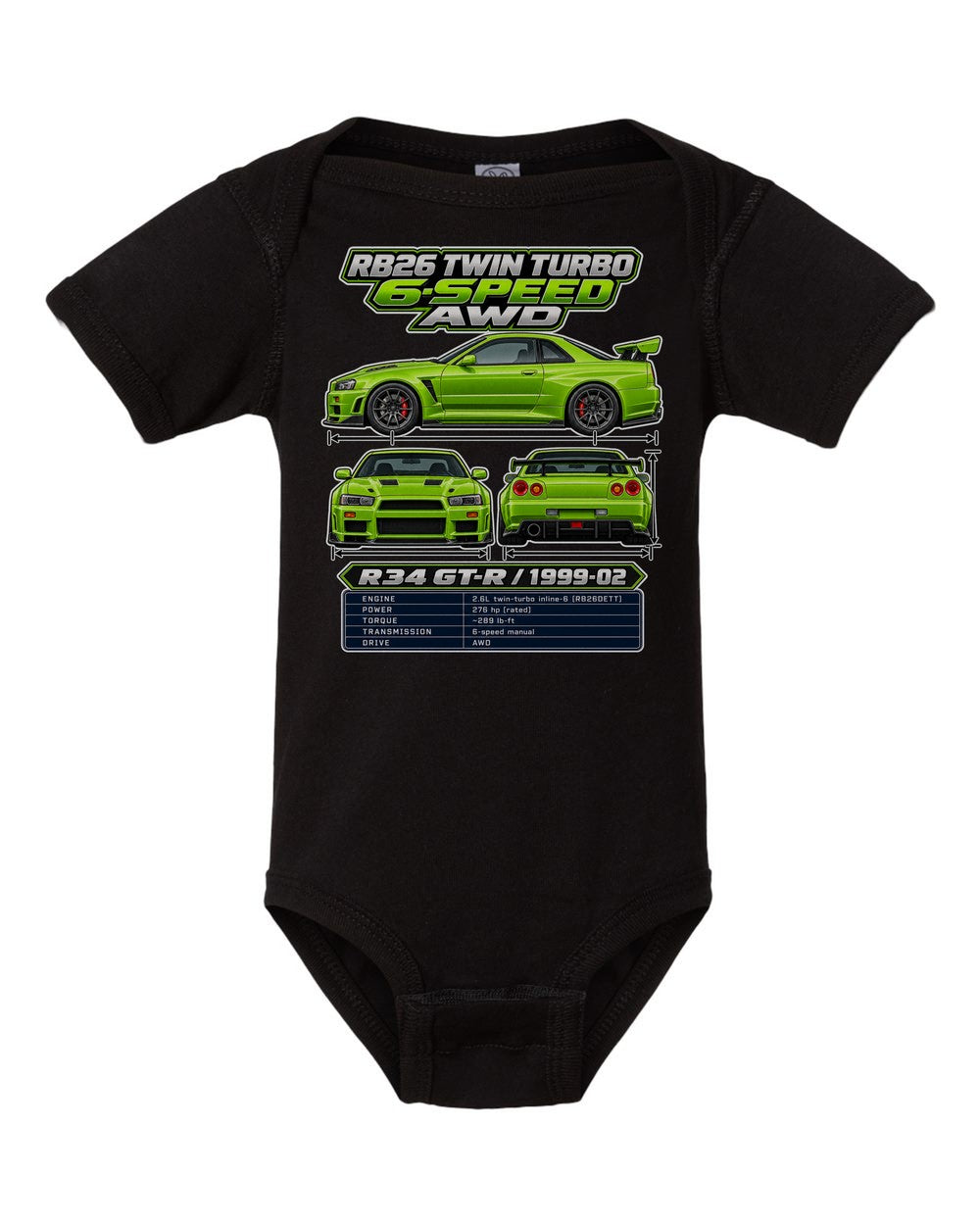 Nissan Skyline Gt R R34 spec sheet black baby onesie front view