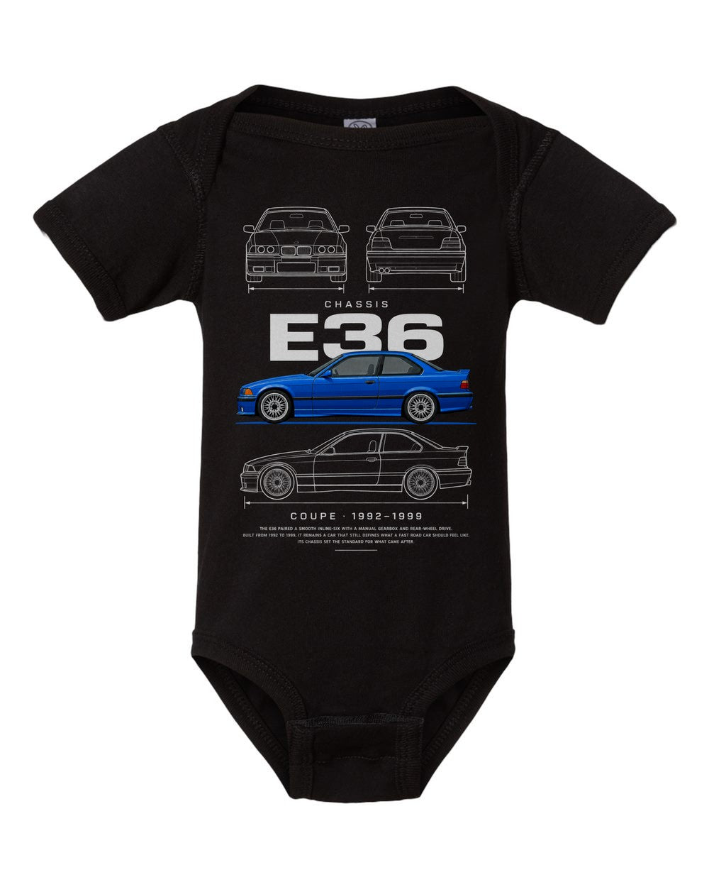 E36 artwork black baby onesie front view
