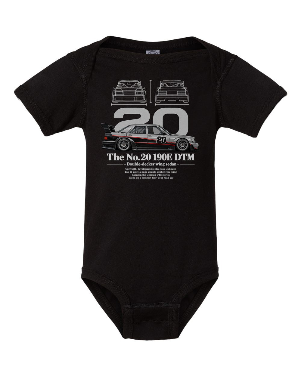 No. 20 190E DTM black baby onesie front view