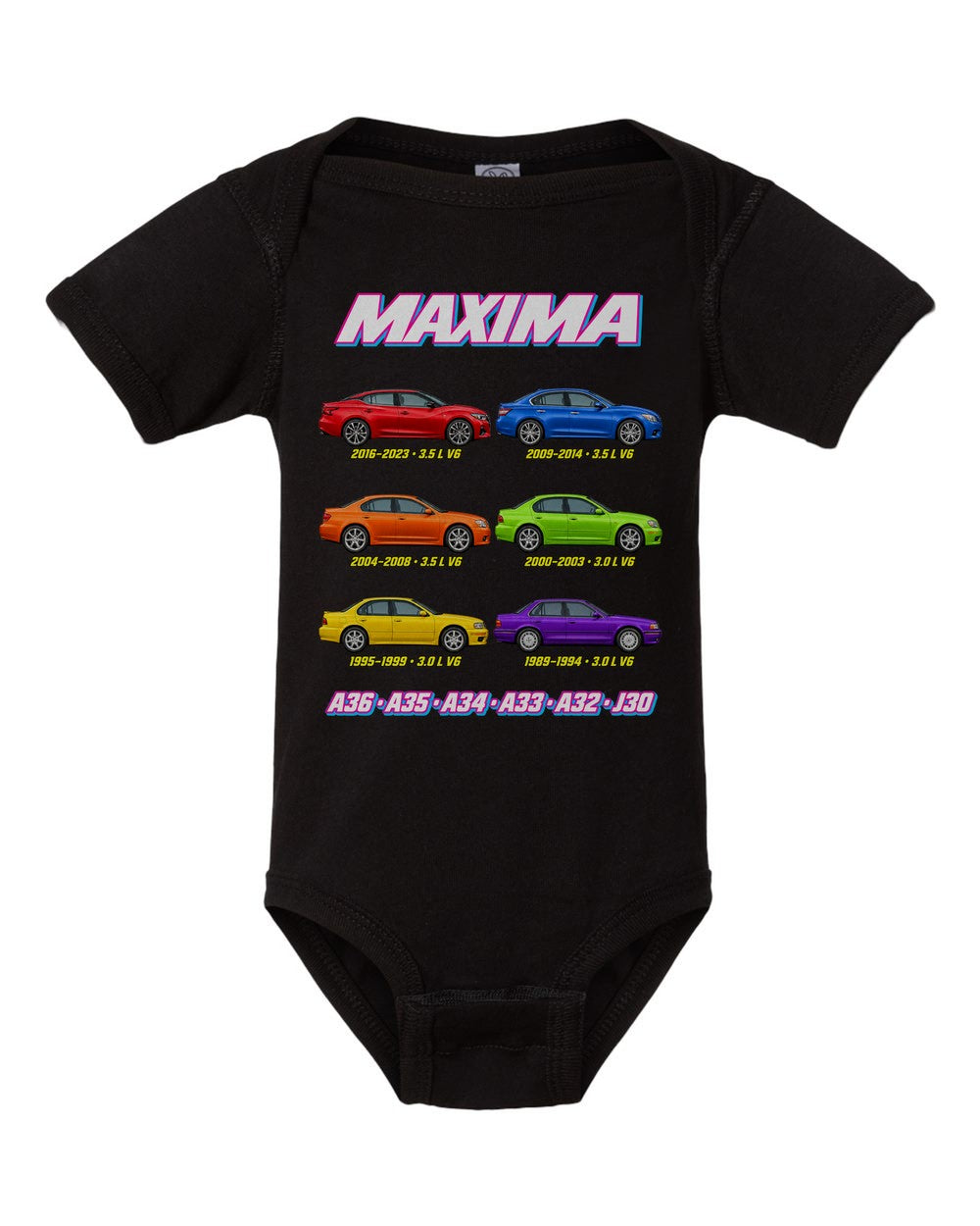 Nissan Maxima evolution poster black baby onesie front view