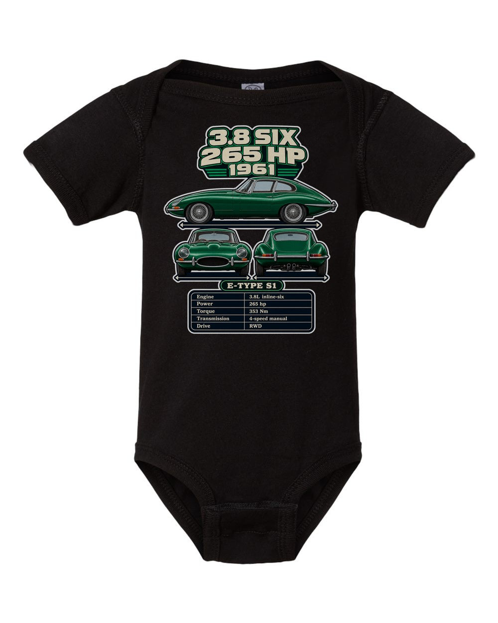 Jaguar E Type Series 1 spec sheet black baby onesie front view