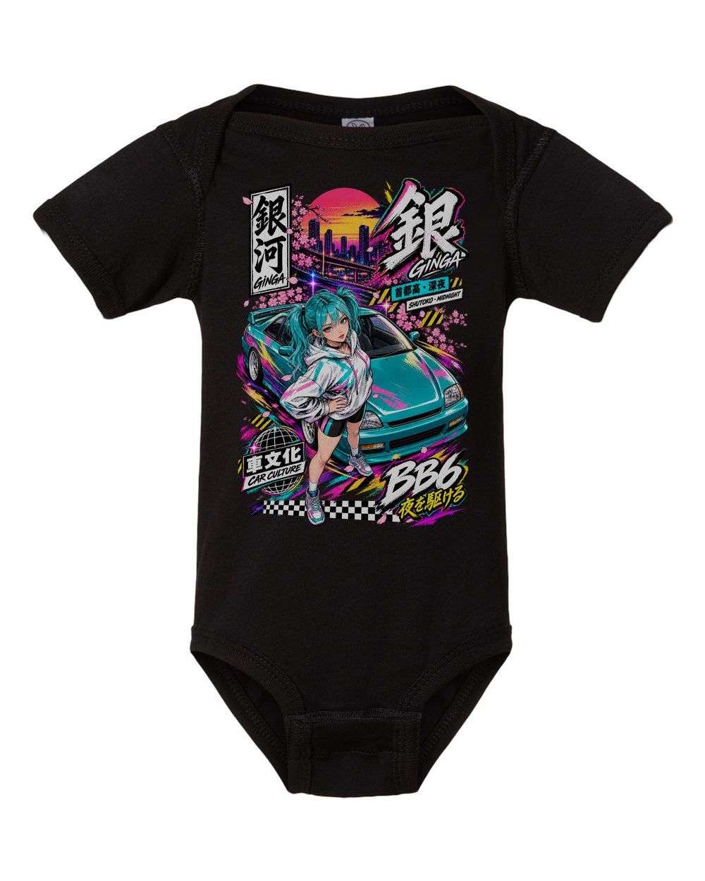 GINGA BB6 black baby onesie front view with artwork
