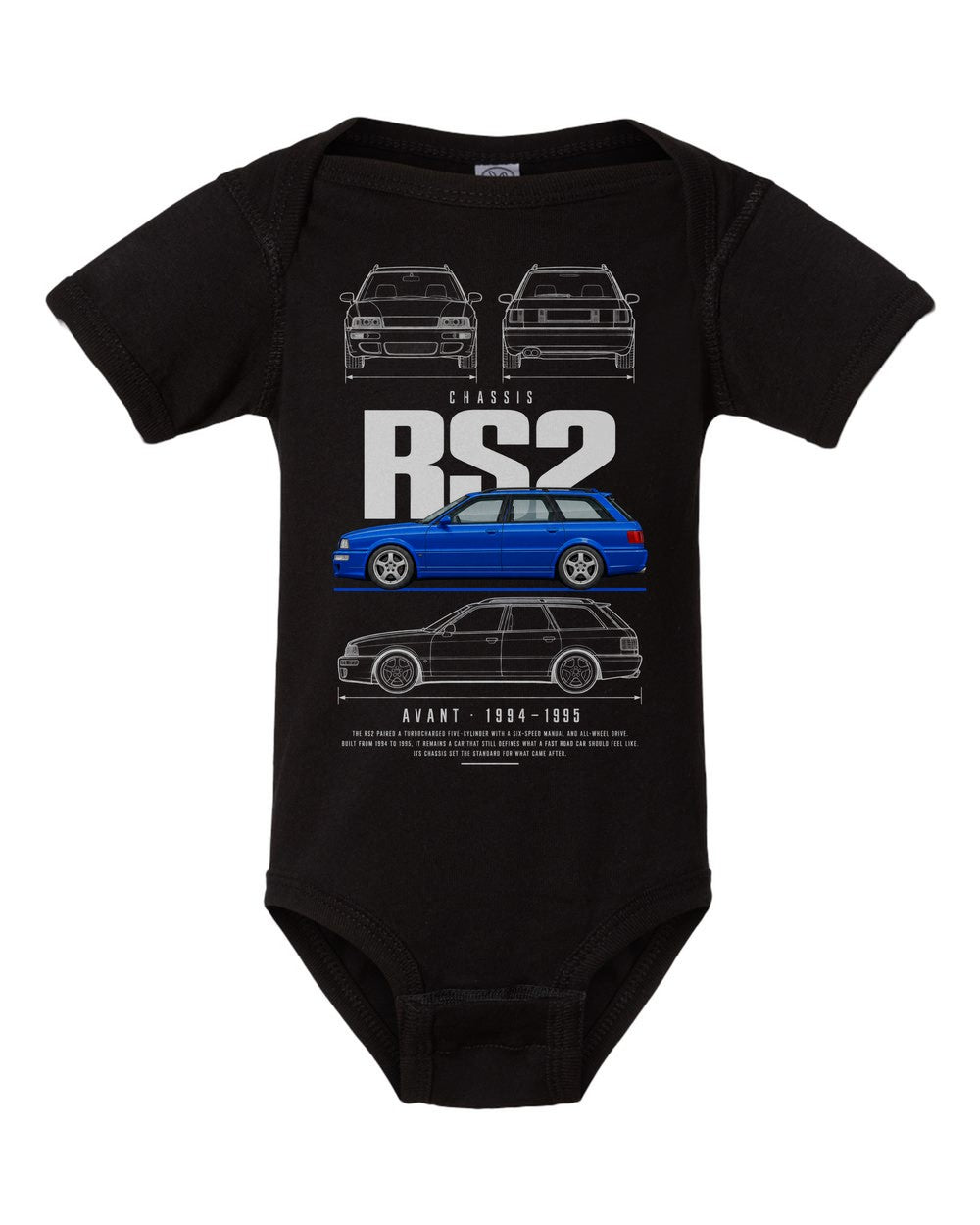RS2 artwork black baby onesie front view